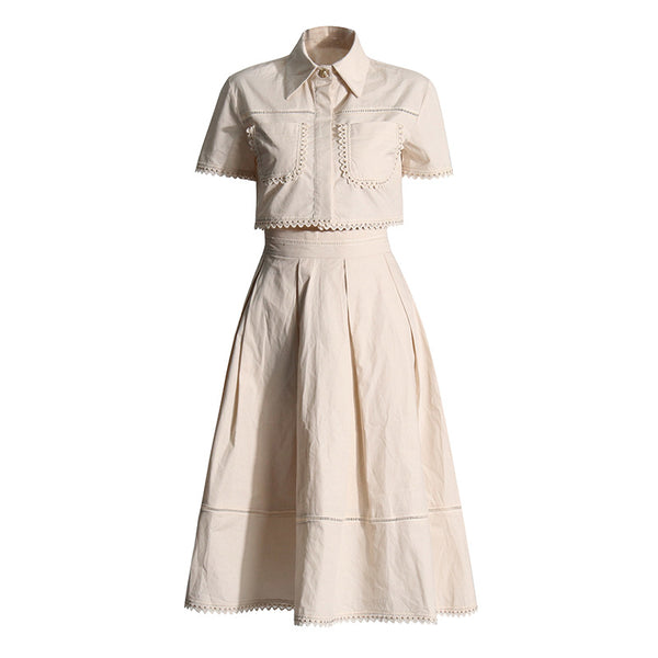 Conjunto Elegante de Encaje Vintage: Blusa Polo Manga Corta y Falda Cintura Alta - Image 4