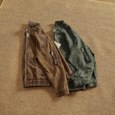Chaqueta Bomber Retro Clásica con Cuello Tipo Snap - Lavada y Versátil - Image 9