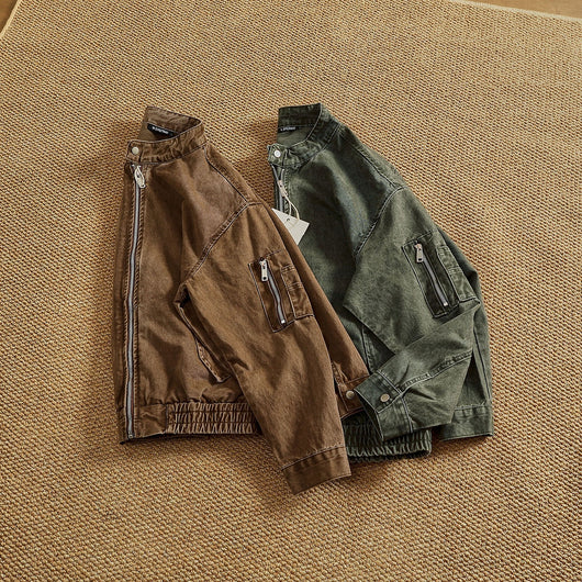 Chaqueta Bomber Retro Clásica con Cuello Tipo Snap - Lavada y Versátil - Image 9