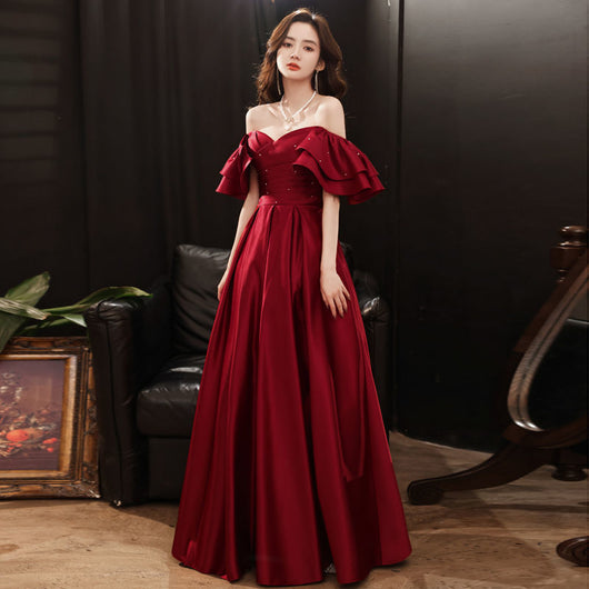 Vestido de Novia Borgoña Hombros Descubiertos Largo para Compromiso y Eventos - Image 11
