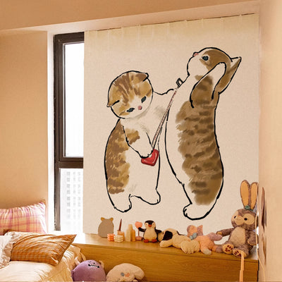 Cute cartoon curtain featuring a grey tabby kitten riding on a brown Shiba Inu puppy, with punch-free Velcro installation. - Image 9