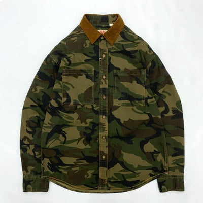 Camisa Retro Americana de Corduroy con Solapas y Costura de Camuflaje para Hombre