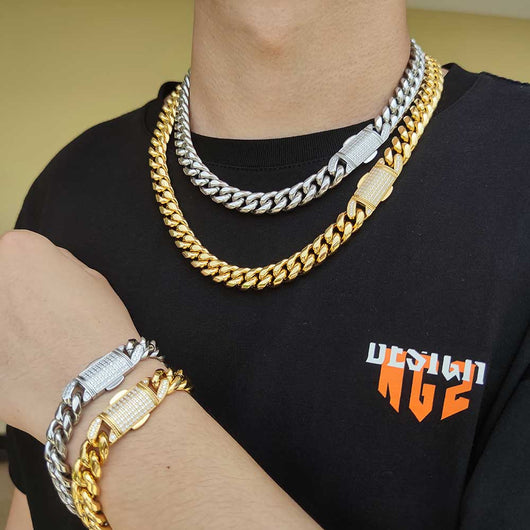 Collar y Pulsera Hip Hop Acero Inoxidable con Cierre de Resorte 12mm - Image 18