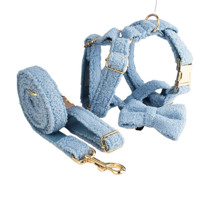 Light blue teddy bear textured dog collar and matching leash set with gold-colored hardware. - Image 10