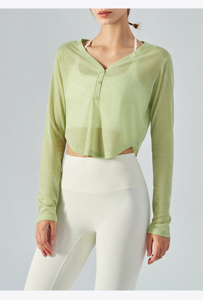 Blusa Yoga Suelta Cuello V Manga Larga con Efecto Drapeado - Image 17