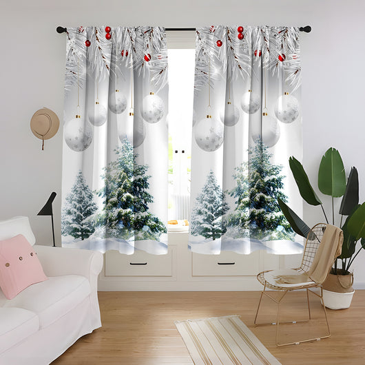 Christmas curtain with a snowy village scene, Santa Claus, flying reindeer, and piles of wrapped gifts. - Image 22