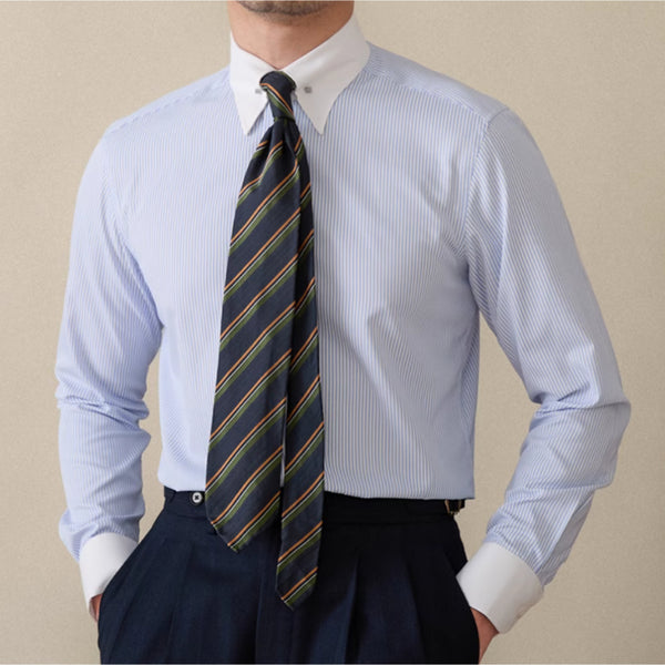 Camisa de Negocio Italiana a Rayas, Cuello Italiano, Manga Larga sin Planchado