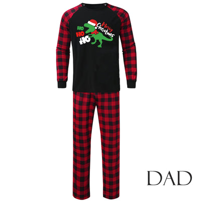 Black baby romper with red plaid sleeves and cuffs, featuring a green dinosaur wearing a Santa hat and "Merry Christmas" text. - Image 12