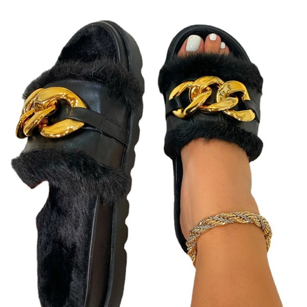 Pantuflas Mujer Suela Gruesa con Cadena y Hebilla