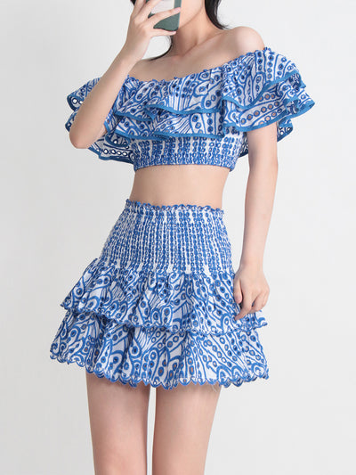 Conjunto de Playa Elegante: Blusa Corta con Cuello y Volantes + Falda Cintura Alta - Image 7