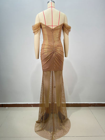 Vestido Largo Dorado Elegante Escote Descubierto Espalda Abierta Ajustado - Image 11