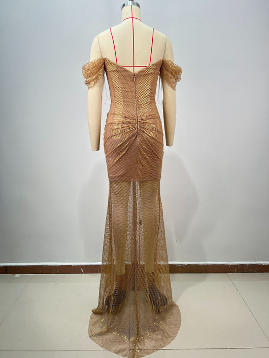 Vestido Largo Dorado Elegante Escote Descubierto Espalda Abierta Ajustado - Image 11
