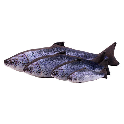 Two plush fish cat toys, one large and one small, with realistic green and brown scale patterns. - Image 24
