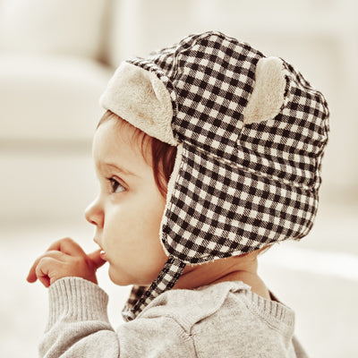 Gorro para Bebé de Cashmere con Orejas de Oso a Cuadros Blanco y Negro - Image 7
