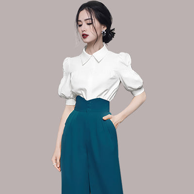 Conjunto Elegante: Blusa con Mangas Abullonadas y Pantalón Talle Alto Pierna Ancha - Image 10
