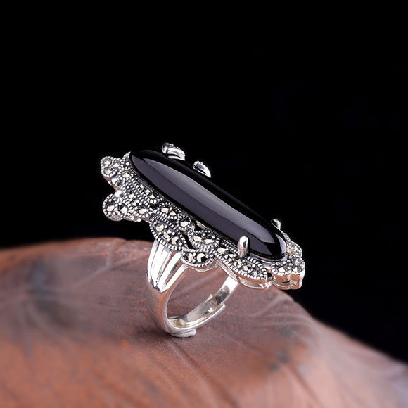Anillo de Plata Tailandesa para Mujer con Ágata Negra