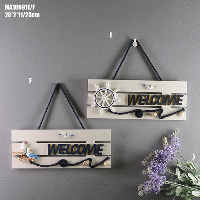 Placa de Bienvenida Mediterránea con Ancla Marina y Timón - Decoración Náutica de Madera