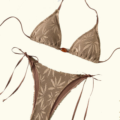 Light brown crochet bikini set with leaf pattern, strappy ties, and an amber bead accent, displayed on a light background. - Image 5