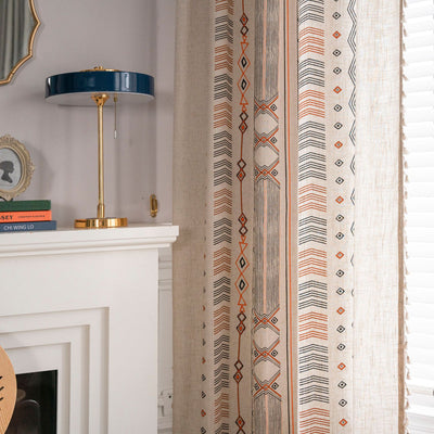 Boho cream cotton and linen curtain with tribal print in black and orange, featuring black fringe tassels. - Image 6