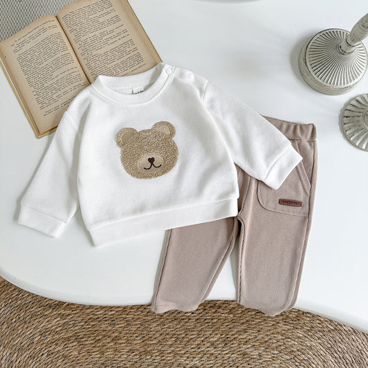 White long-sleeve baby hoodie with a brown bear print and matching ribbed beige sweatpants set. - Image 11