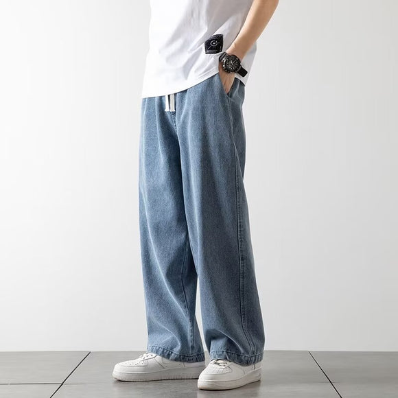 Calça Jeans Reta Masculina Primavera Verão Cintura Alta Perna Larga Urbana