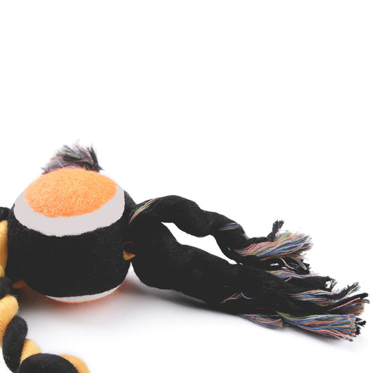 Black and yellow twisted rope dog toy with a bright orange and white tennis ball in the center, for chewing. - Image 3
