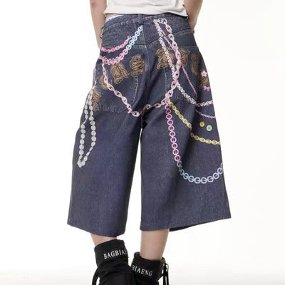 Jeans Cortos Estampado Cadena Retro para Mujer - Image 2