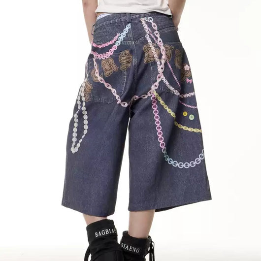 Jeans Cortos Estampado Cadena Retro para Mujer - Image 2