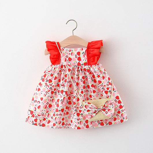 Vestido para Niña con Mangas Volantes + Bolsa Canasta de Bambú - Image 5