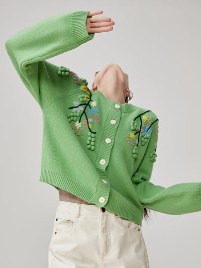Cardigan Tejido con Bordado Tridimensional Verde para Mujer - Image 10