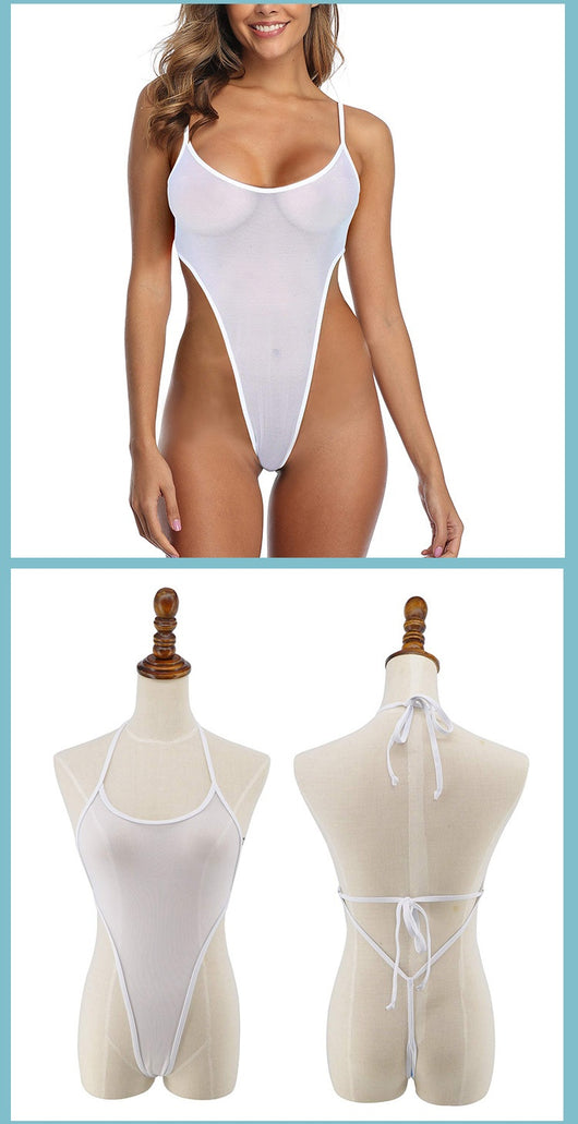 Sheer white high-cut one-piece swimsuit with spaghetti straps modeled on a woman. - Image 12