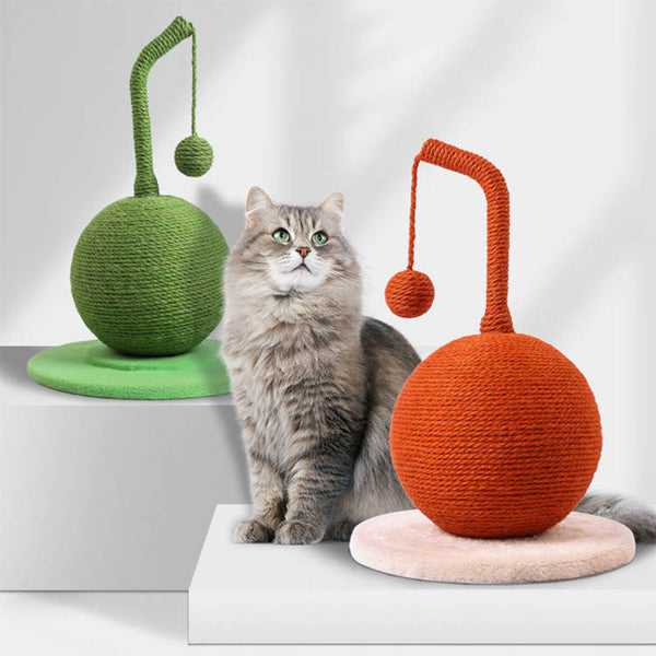 Green sisal cat scratching post with a spherical base, curved post, and dangling ball toy on a round felt base.