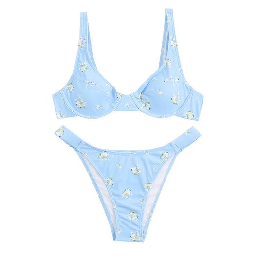 Light blue floral bikini with pink and yellow flowers, featuring an underwire top and high-cut bottom. - Image 5