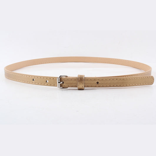 Thin brown imitation leather belt with a small silver D-shaped pin buckle, displayed on a white background. - Image 30