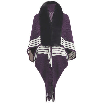 Capa Elegante con Cuello de Piel y Borlas - Diseño Rayado para Mujer - Image 6