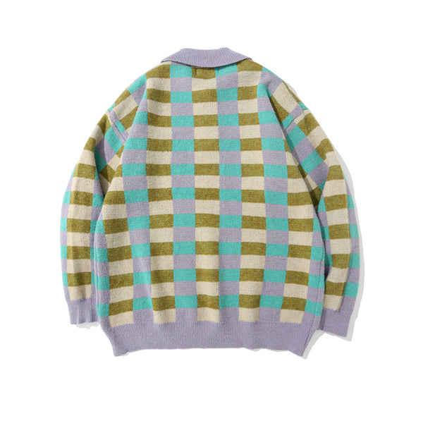 Suéter Polo Cuadros Hombre Estilo Urbano Corte Relajado