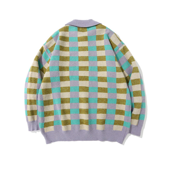 Suéter Polo Cuadros Hombre Estilo Urbano Corte Relajado