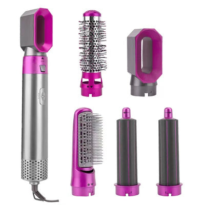 5-in-1 hot air comb hair dryer set with multiple rose red and gray attachments in a white tray. - Image 4