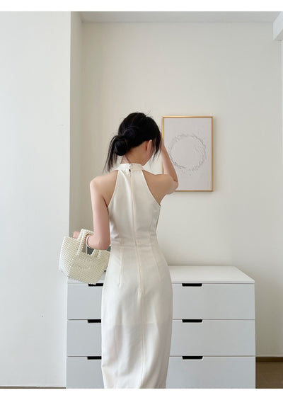 Falda Midi Blanca Asimétrica Cuello Halter Ajustada - Image 9