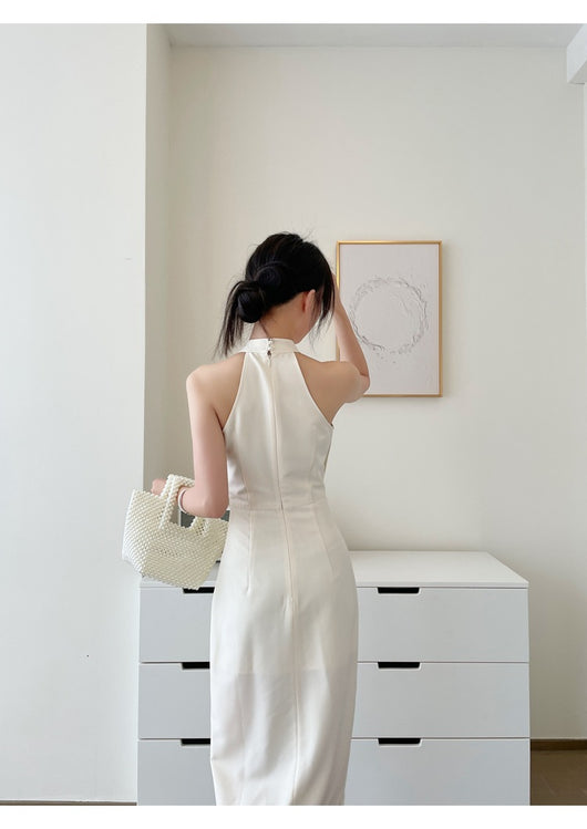 Falda Midi Blanca Asimétrica Cuello Halter Ajustada - Image 9