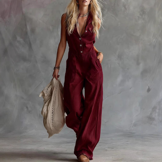 Jumpsuit Casual para Mujer con Escote V y Botones Frontales - Image 4