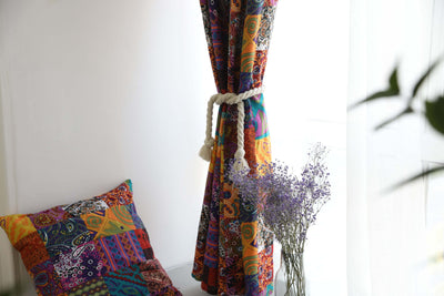 Bohemian retro style cotton linen curtains with a vibrant geometric patchwork pattern, one tied back with a rope. - Image 14