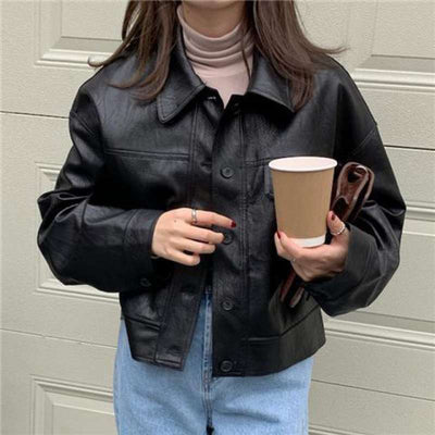 Chaqueta de Cuero para Mujer con Solapa Suelta y Bolsillos - Image 3