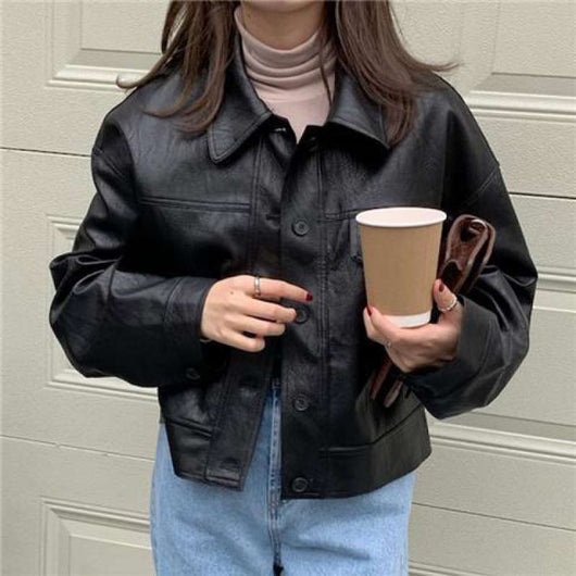 Chaqueta de Cuero para Mujer con Solapa Suelta y Bolsillos - Image 3