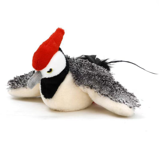 Plush woodpecker pet toy with a red crest, black and white body, speckled gray wings, and black tail feathers. - Image 10
