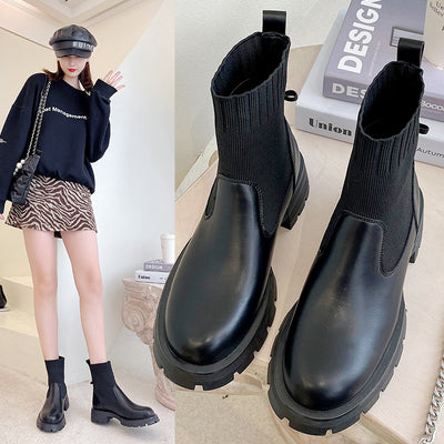 Botas Cortas Retro con Cadena Martin de Punto Elástico Doble Uso