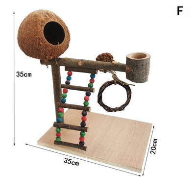 Solid wood parrot stand with multiple natural branch perches and a pinecone, featuring a cockatiel. - Image 11