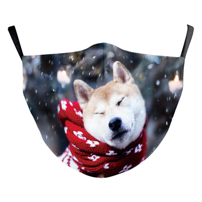 White Christmas dust mask with a digital print of a tabby cat wearing a red Santa hat and a large red bow. - Image 16