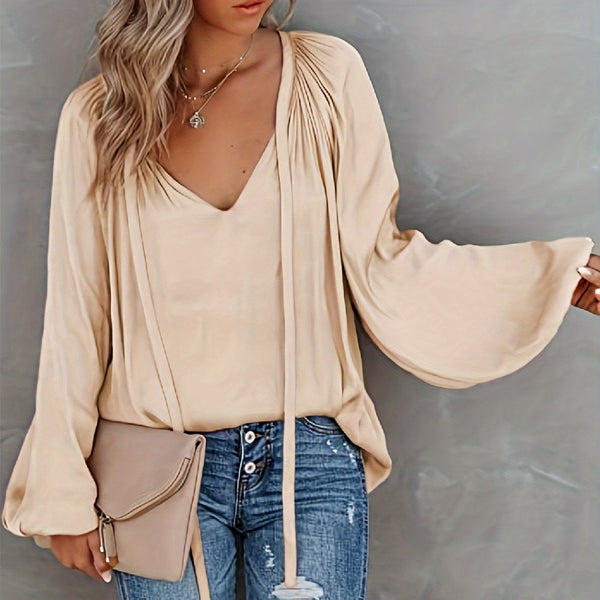 Blusa de Satén con Cuello en V y Mangas Largas para Mujer