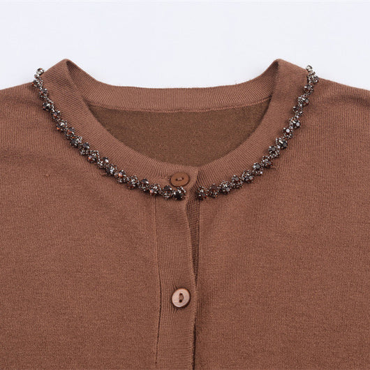 Cardigan Elegante de Cuello Redondo y Manga Larga con Detalles de Joyería - Image 3